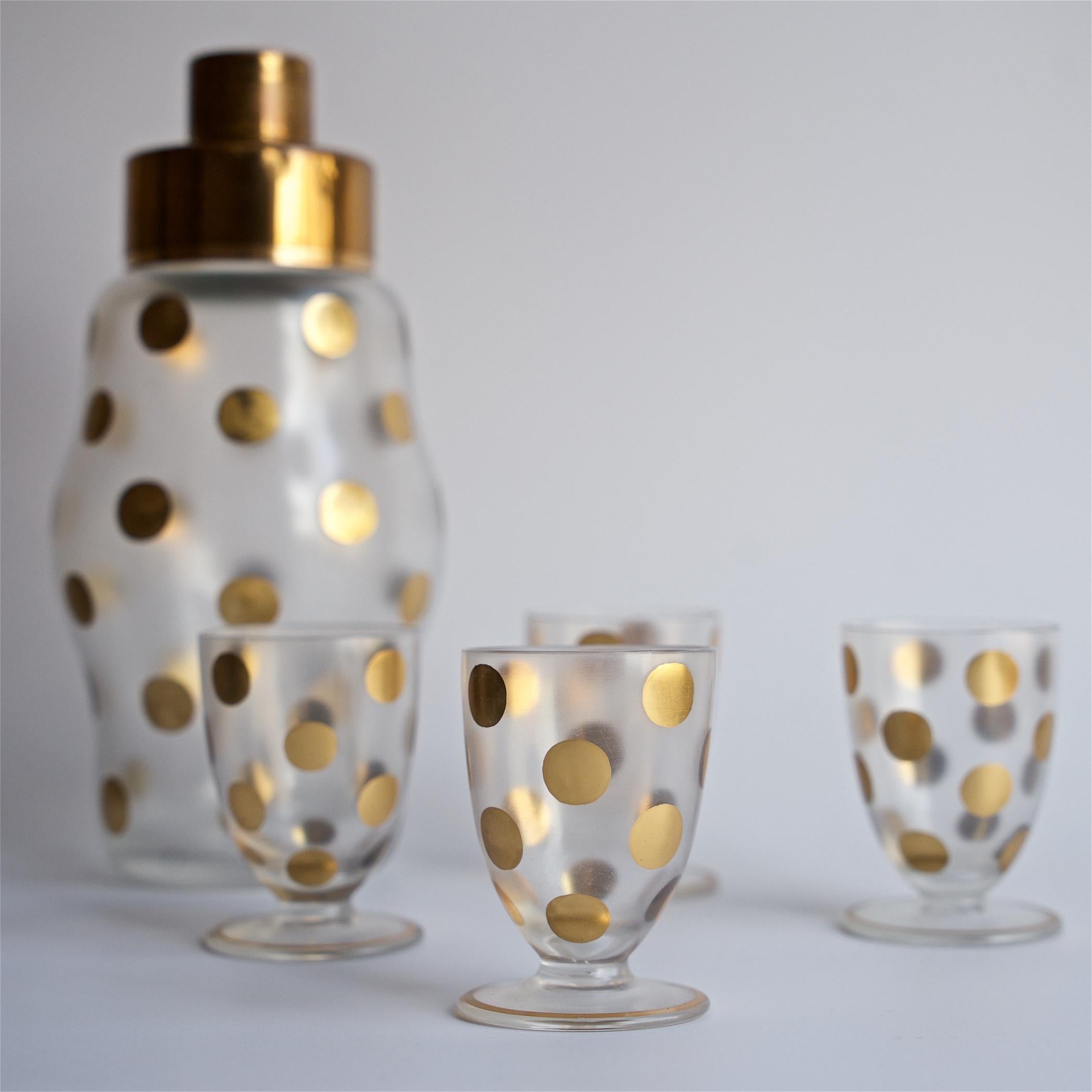 19th Century 1930s Gold PolkaDot Shaker Set Czech Bohemian Glass Brass Barware Mixologist For Sale
