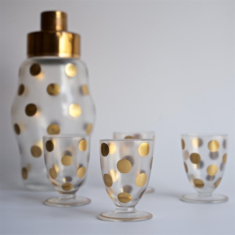 1930s Gold PolkaDot Shaker Set Czech Bohemian Glass Brass Barware