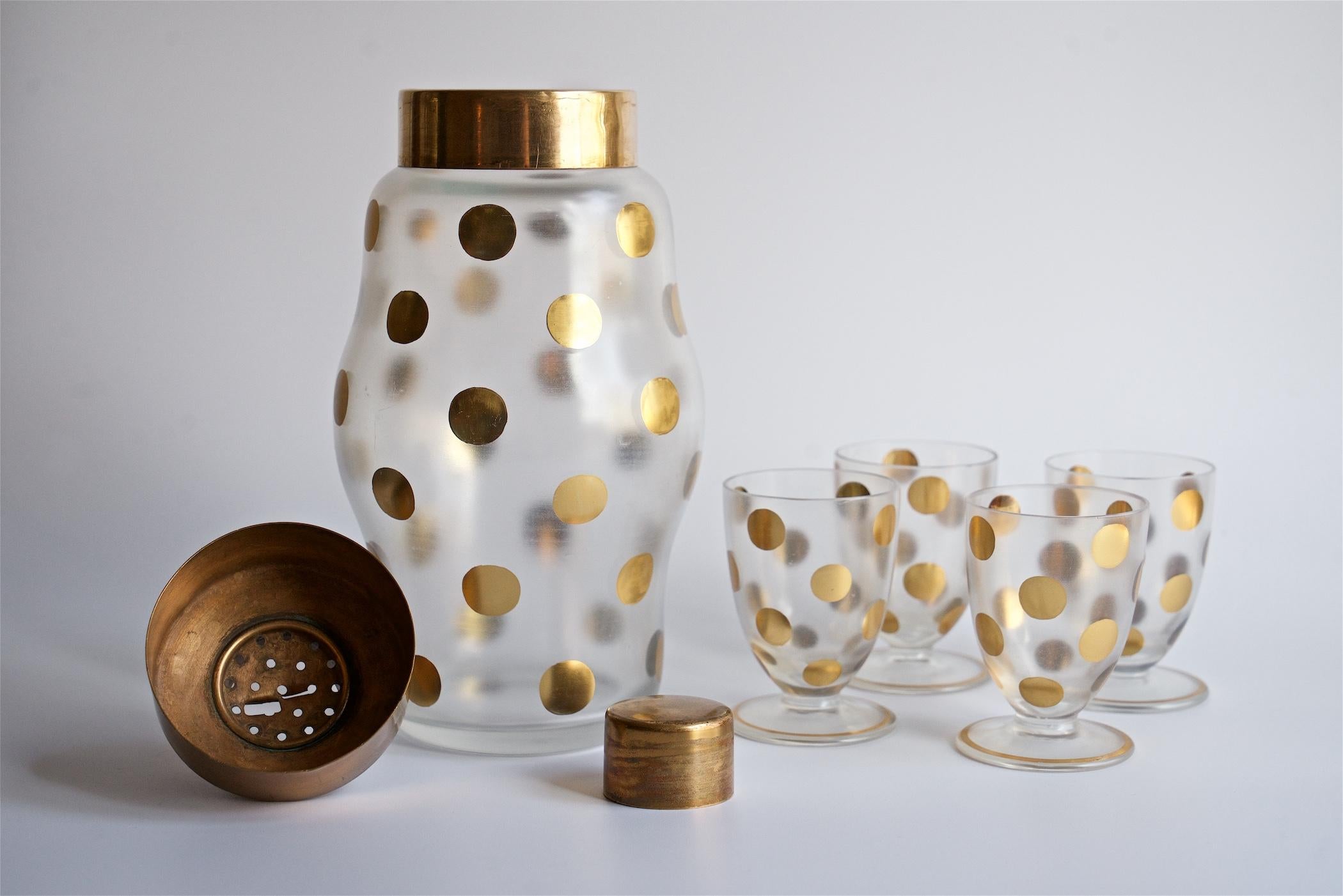 1930s Gold PolkaDot Shaker Set Czech Bohemian Glass Brass Barware Mixologist For Sale 1