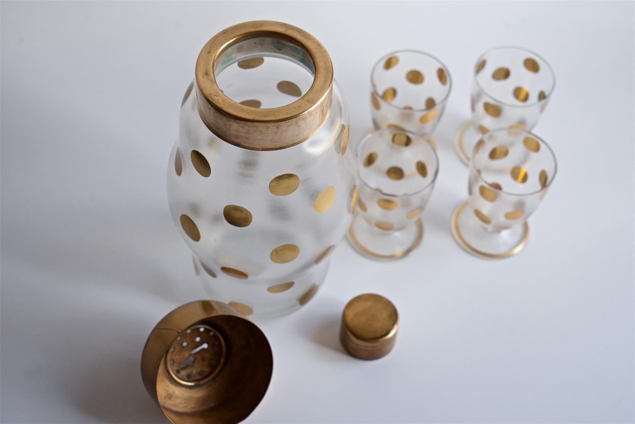 1930s Gold PolkaDot Shaker Set Czech Bohemian Glass Brass Barware Mixologist For Sale 2