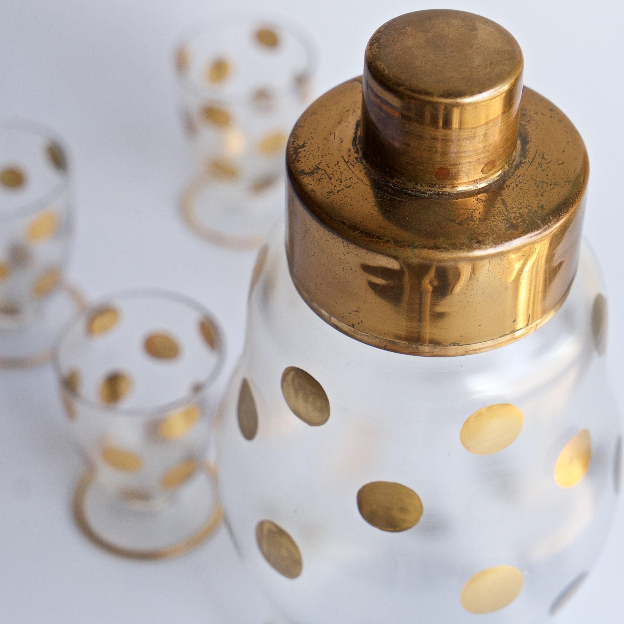 1930s Gold PolkaDot Shaker Set Czech Bohemian Glass Brass Barware Mixologist For Sale 3