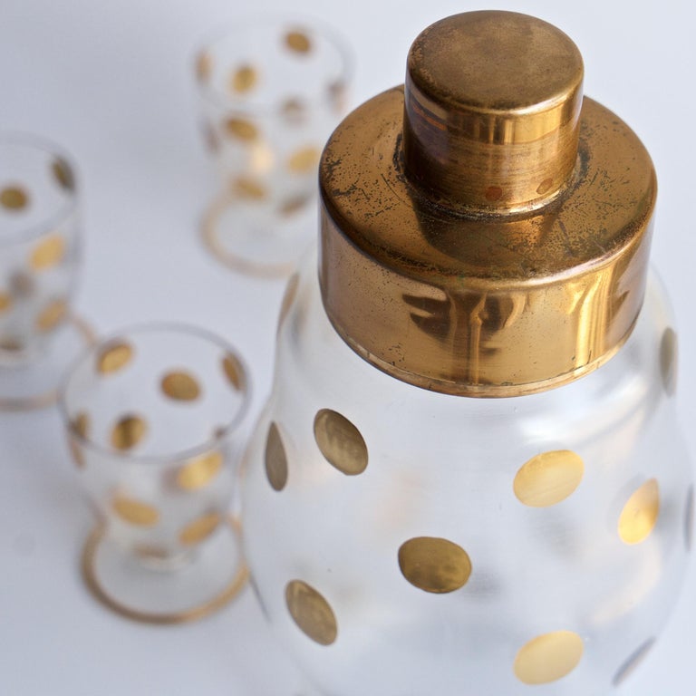 1930s Gold PolkaDot Shaker Set Czech Bohemian Glass Brass Barware