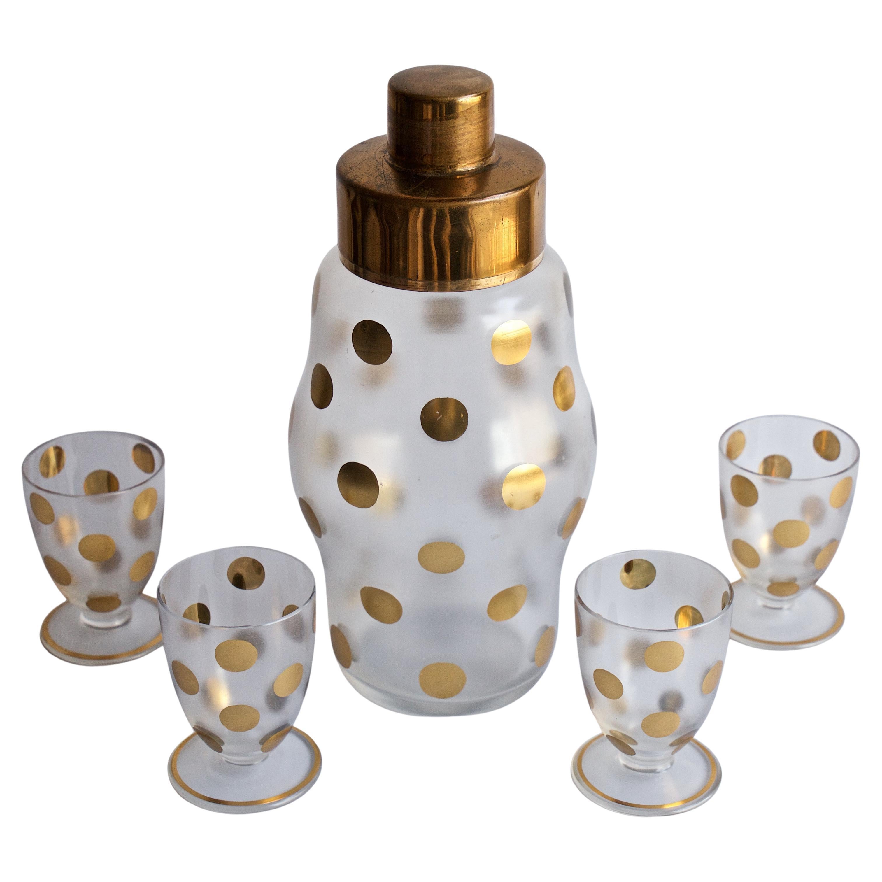 1930s Gold PolkaDot Shaker Set Czech Bohemian Glass Brass Barware Mixologist For Sale