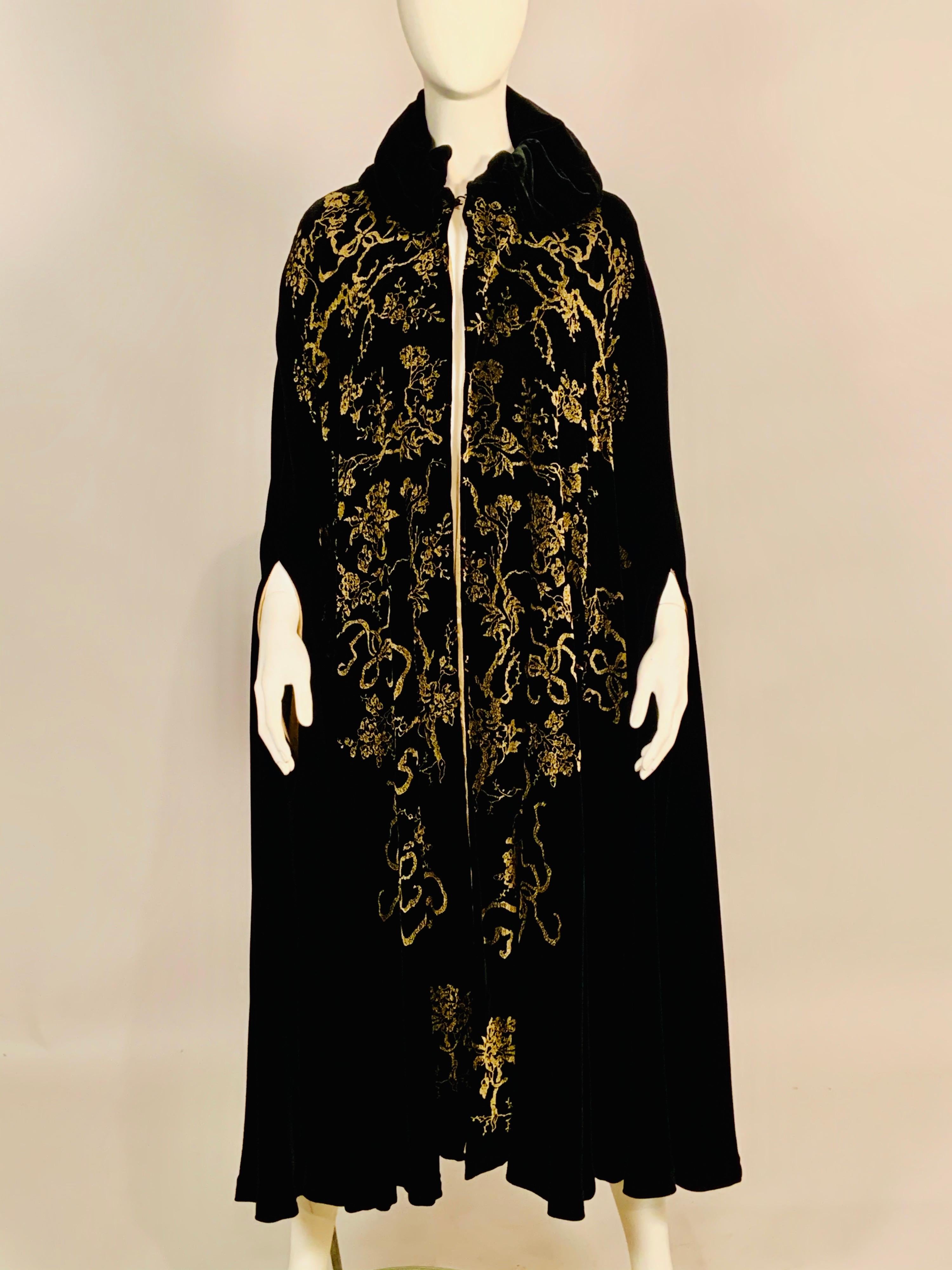 1930's Gold Stenciled Black Silk Velvet Cape, Style of Fortuny and Gallenga 6