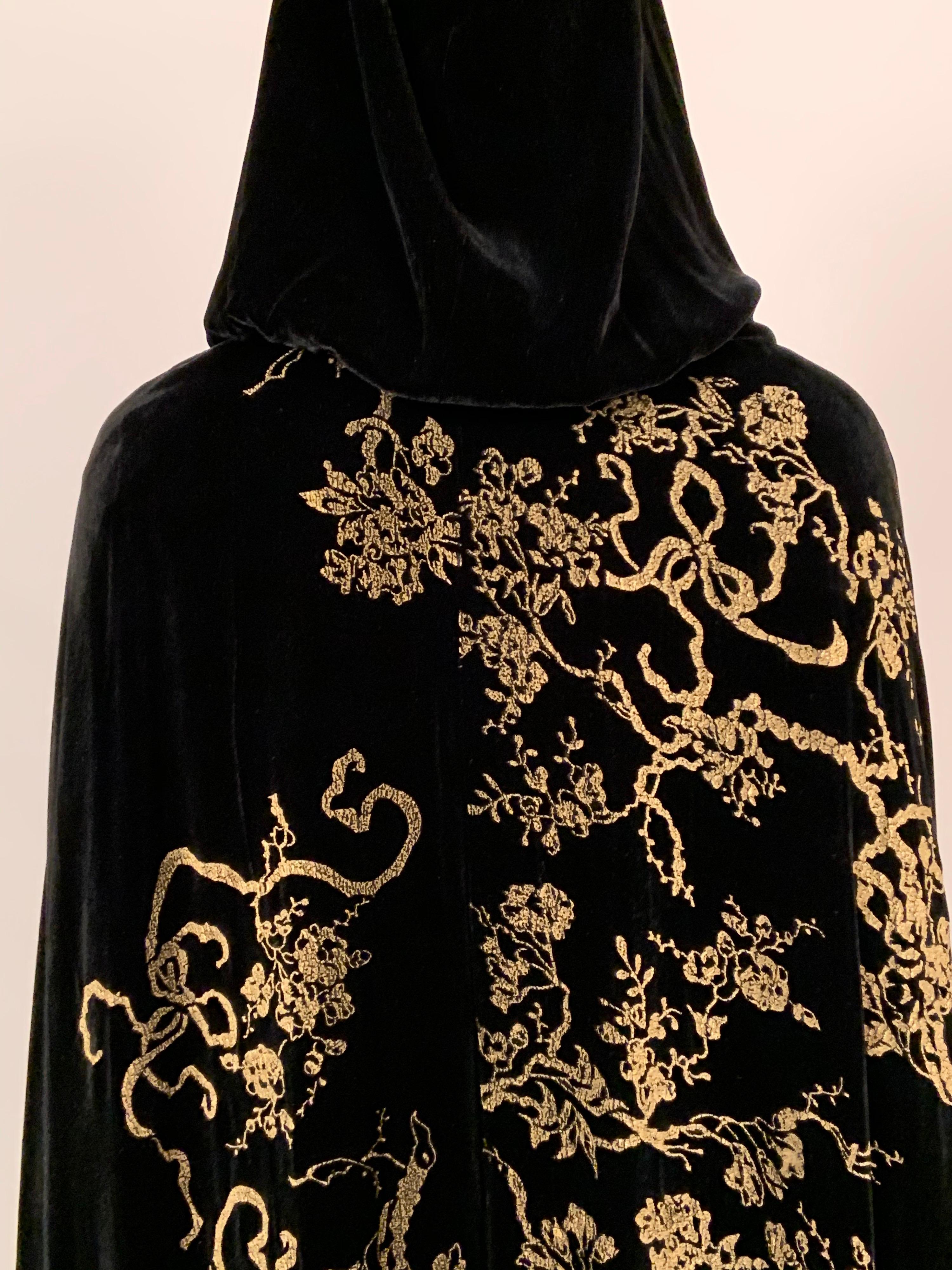 Women's 1930's Gold Stenciled Black Silk Velvet Cape, Style of Fortuny and Gallenga