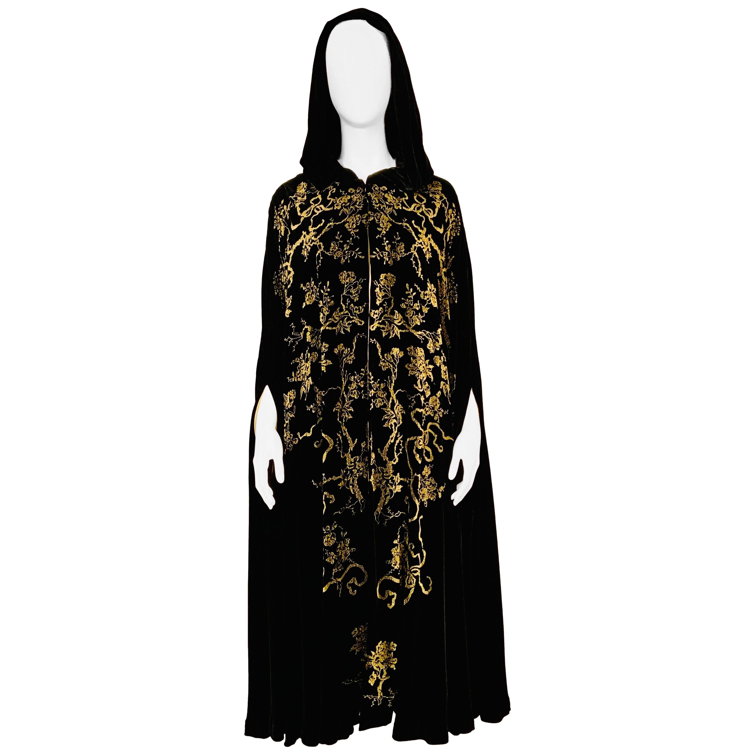 1930's Gold Stenciled Black Silk Velvet Cape, Style of Fortuny and Gallenga