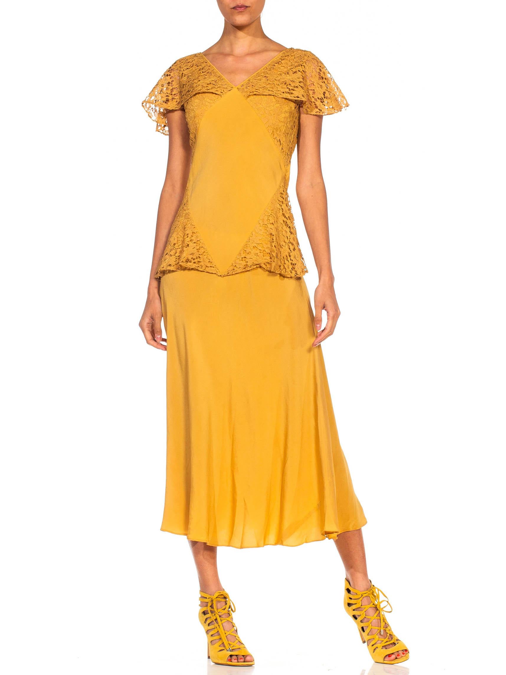 Women's 1930S Golden Yellow Bias Cut Rayon & Silk Faille Lace Peplum Dress