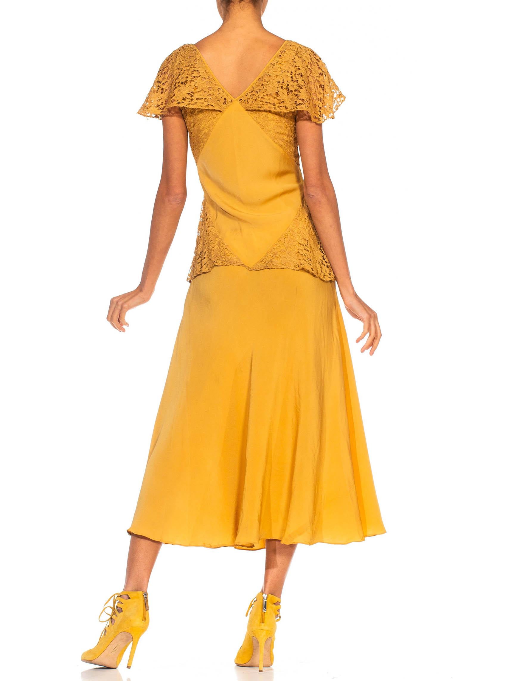 1930S Golden Yellow Bias Cut Rayon & Silk Faille Lace Peplum Dress 1