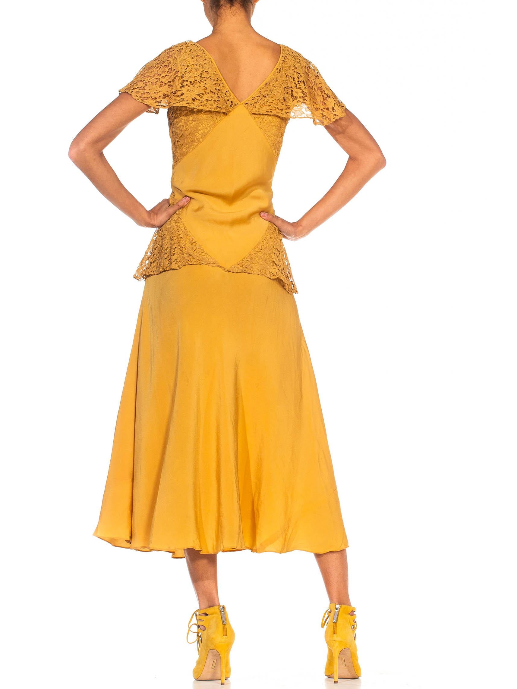 1930S Golden Yellow Bias Cut Rayon & Silk Faille Lace Peplum Dress 2