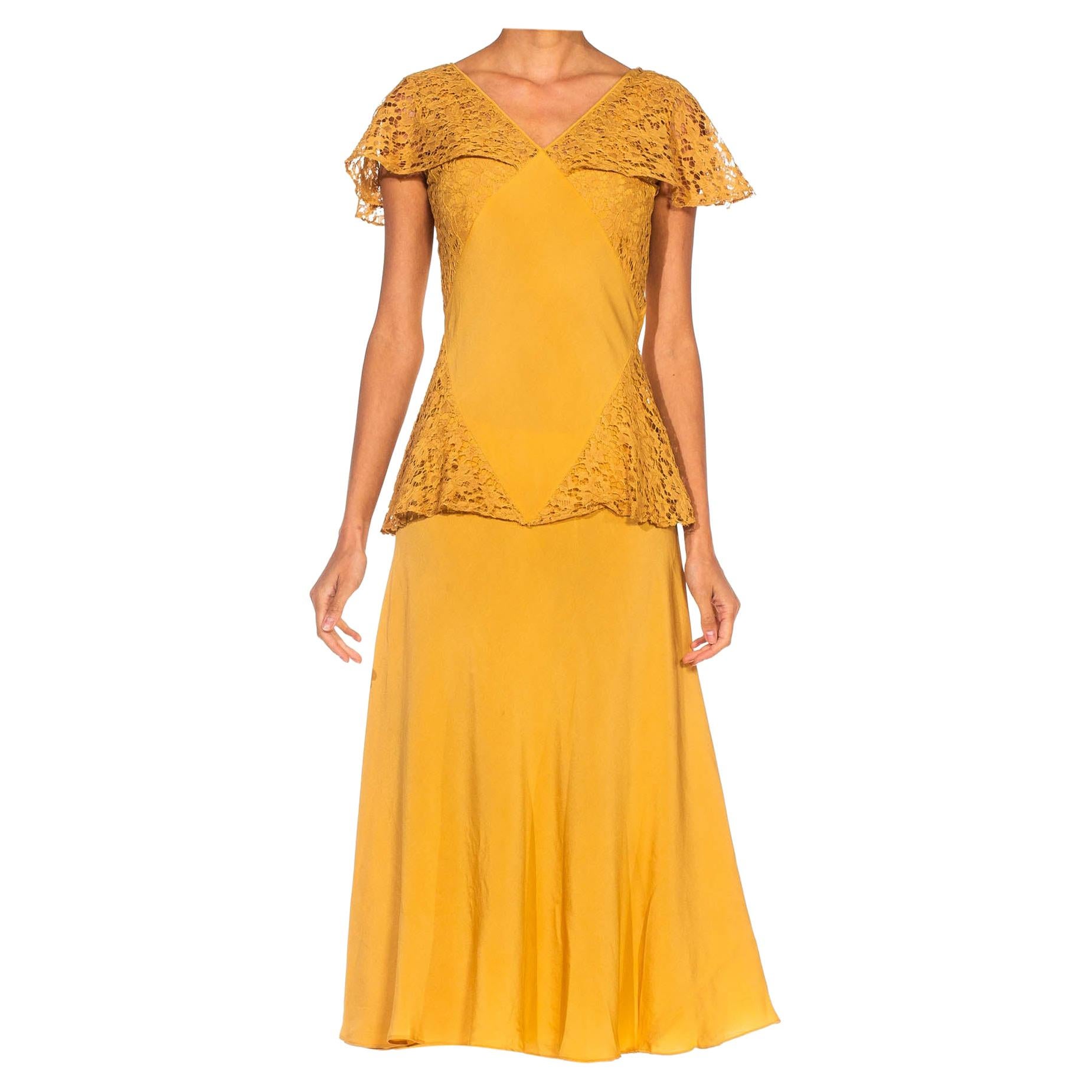 1930S Golden Yellow Bias Cut Rayon & Silk Faille Lace Peplum Dress