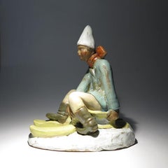 1930s Gorgeous Boy with Sledding Sculpture by Cséfalvay