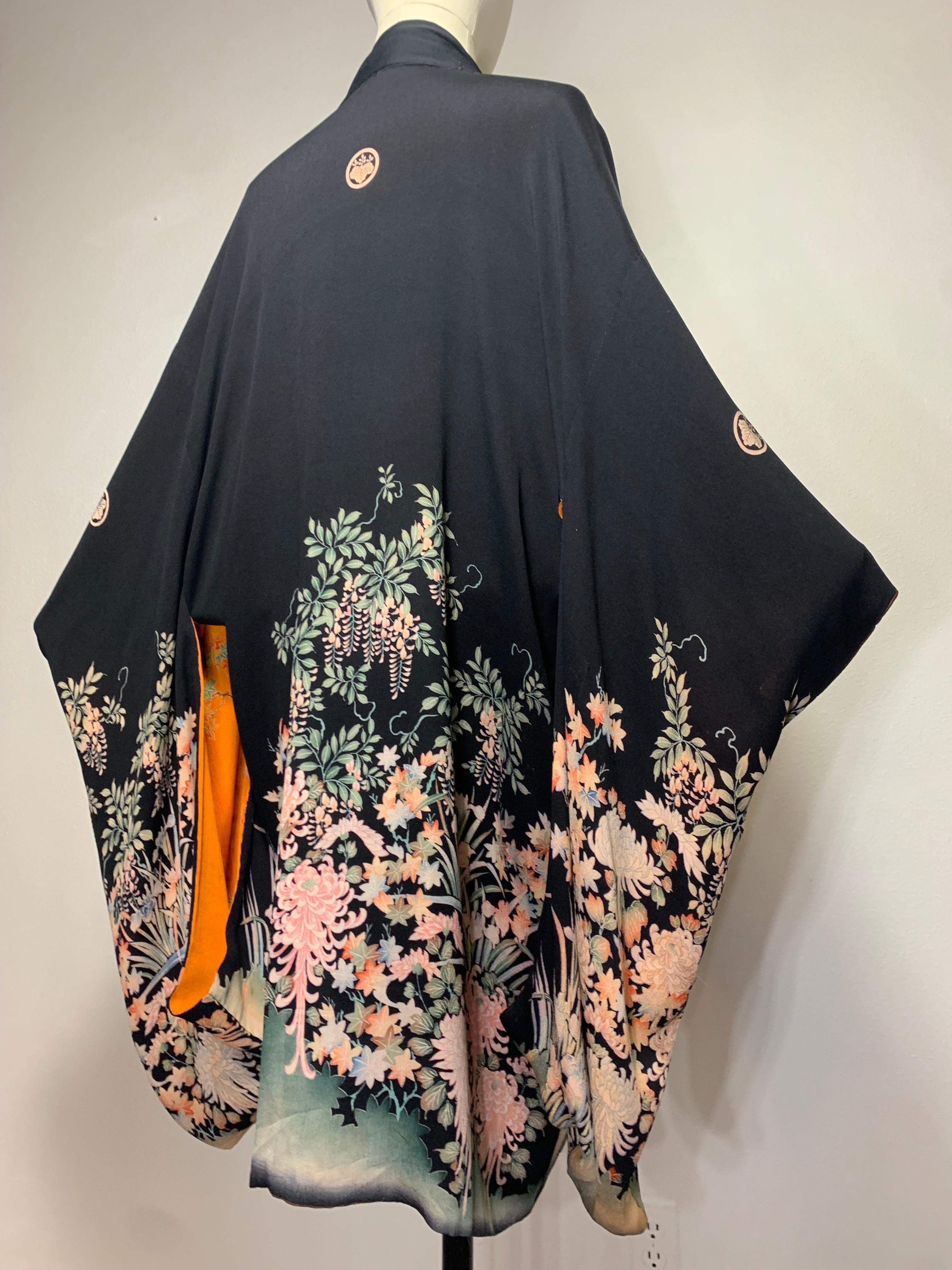 Women's 1930s Gorgeous Completely Reversible Silk Print Kimono in Marigold & Black For Sale