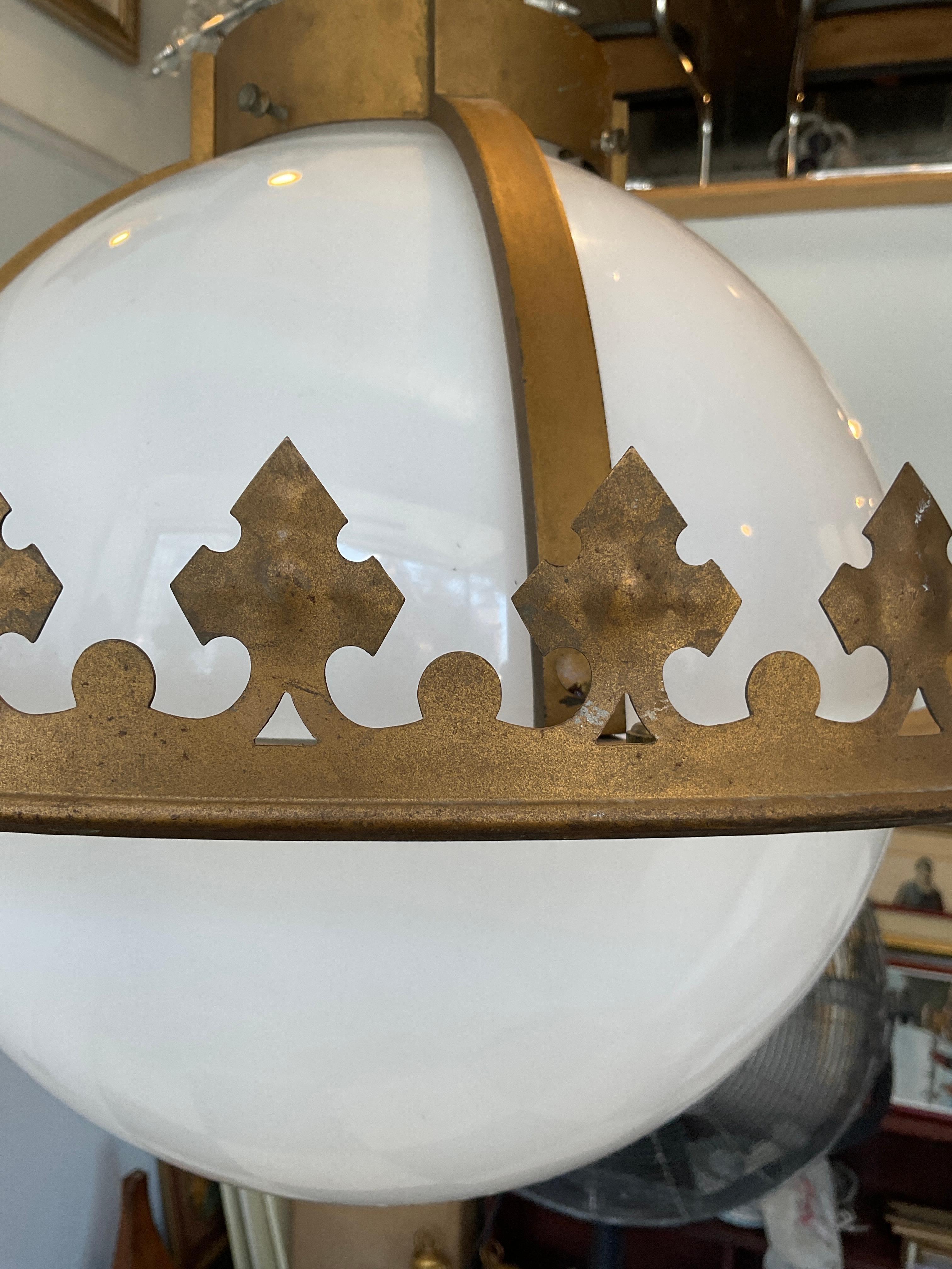 1930s Gothic White Glass Globe Iron Framed Chandelier For Sale 6