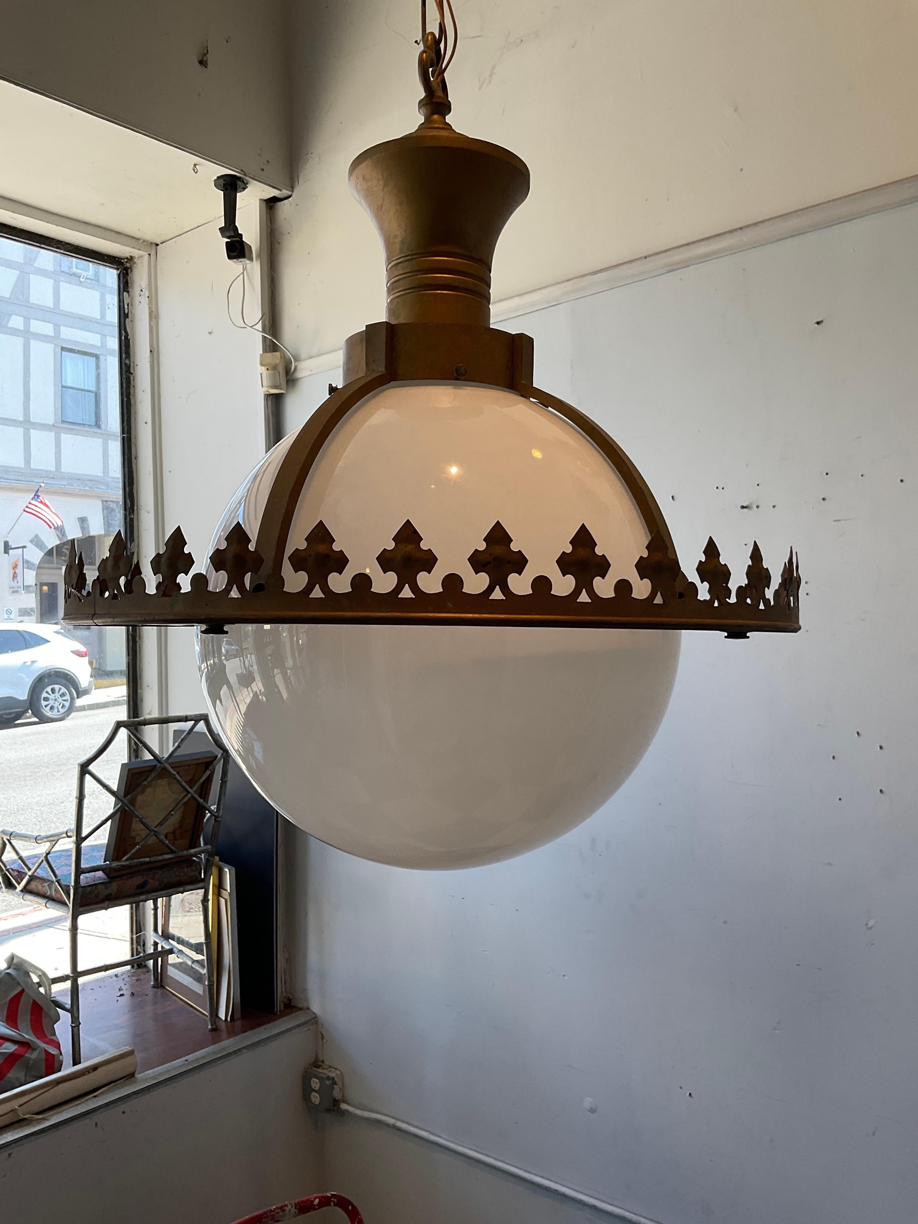 Mid-20th Century 1930s Gothic White Glass Globe Iron Framed Chandelier For Sale