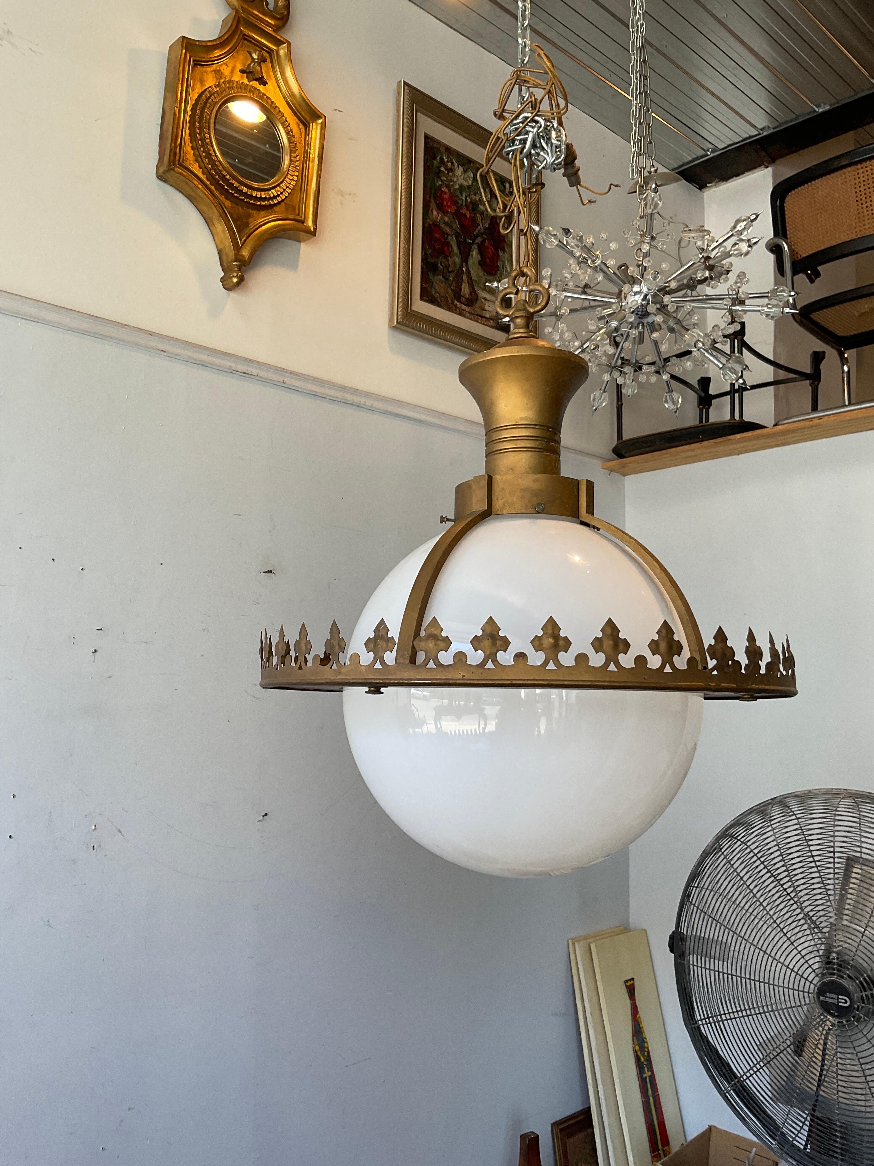 1930s Gothic White Glass Globe Iron Framed Chandelier For Sale 1