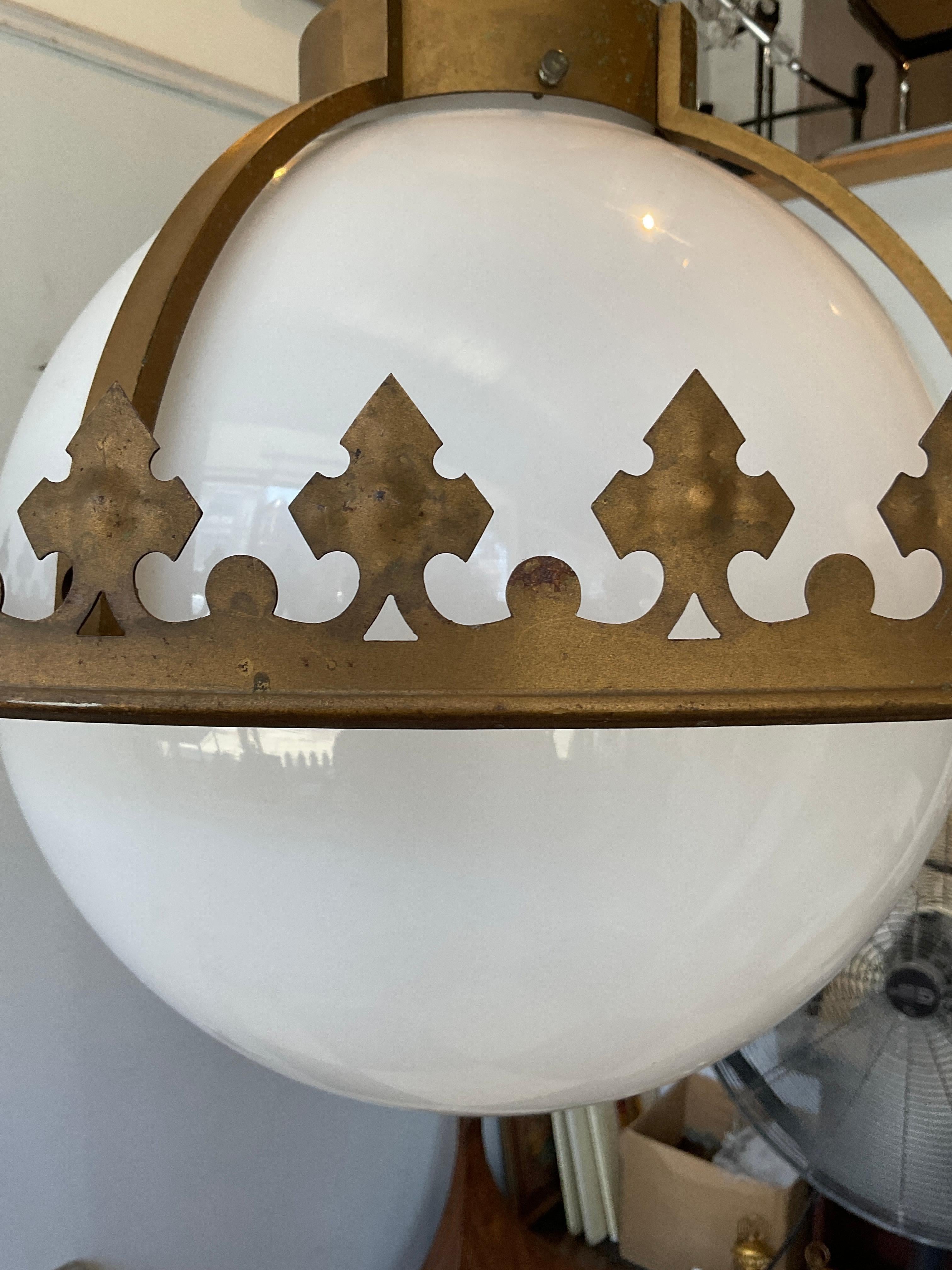 1930s Gothic White Glass Globe Iron Framed Chandelier For Sale 3