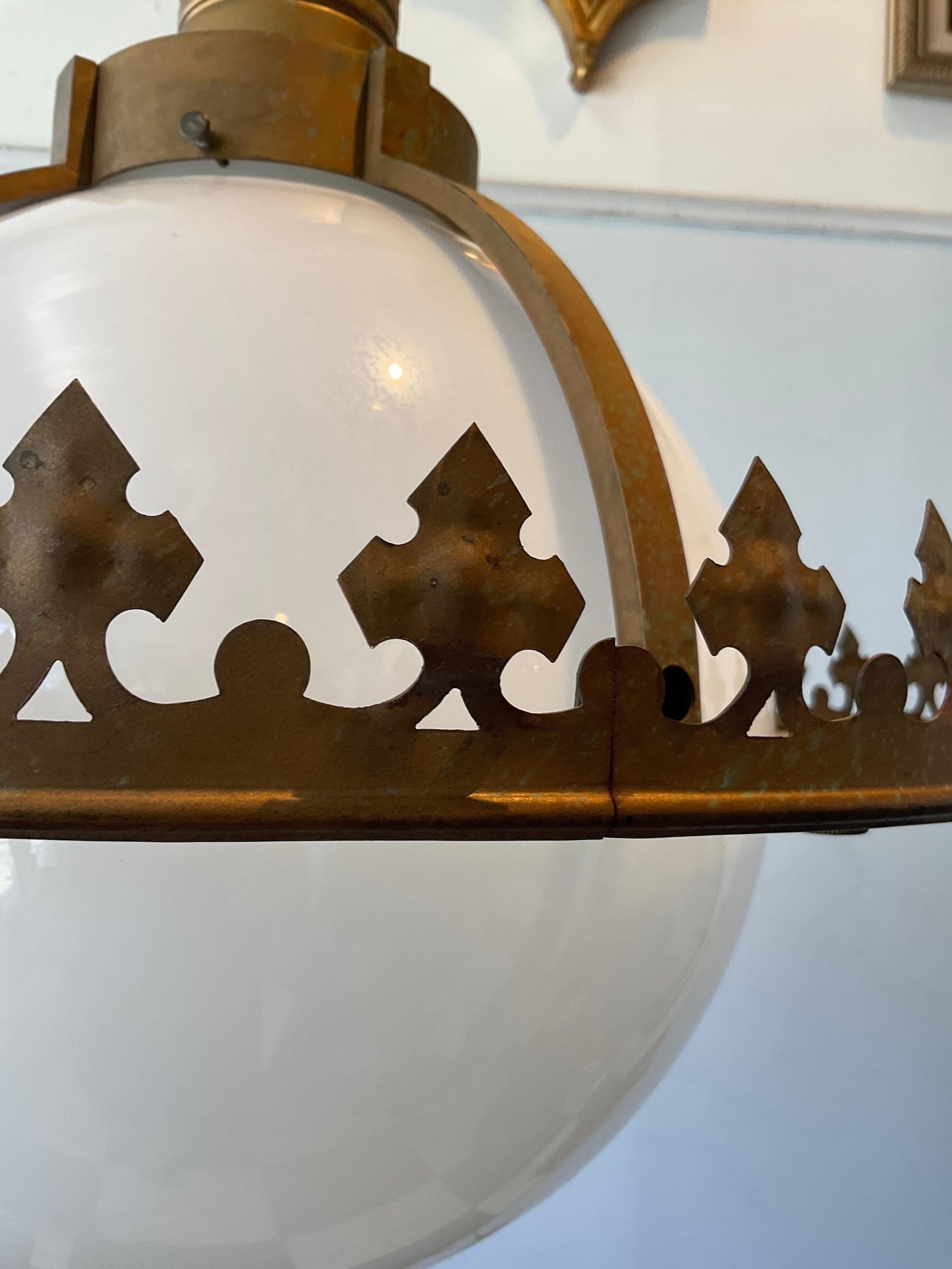 1930s Gothic White Glass Globe Iron Framed Chandelier For Sale 5