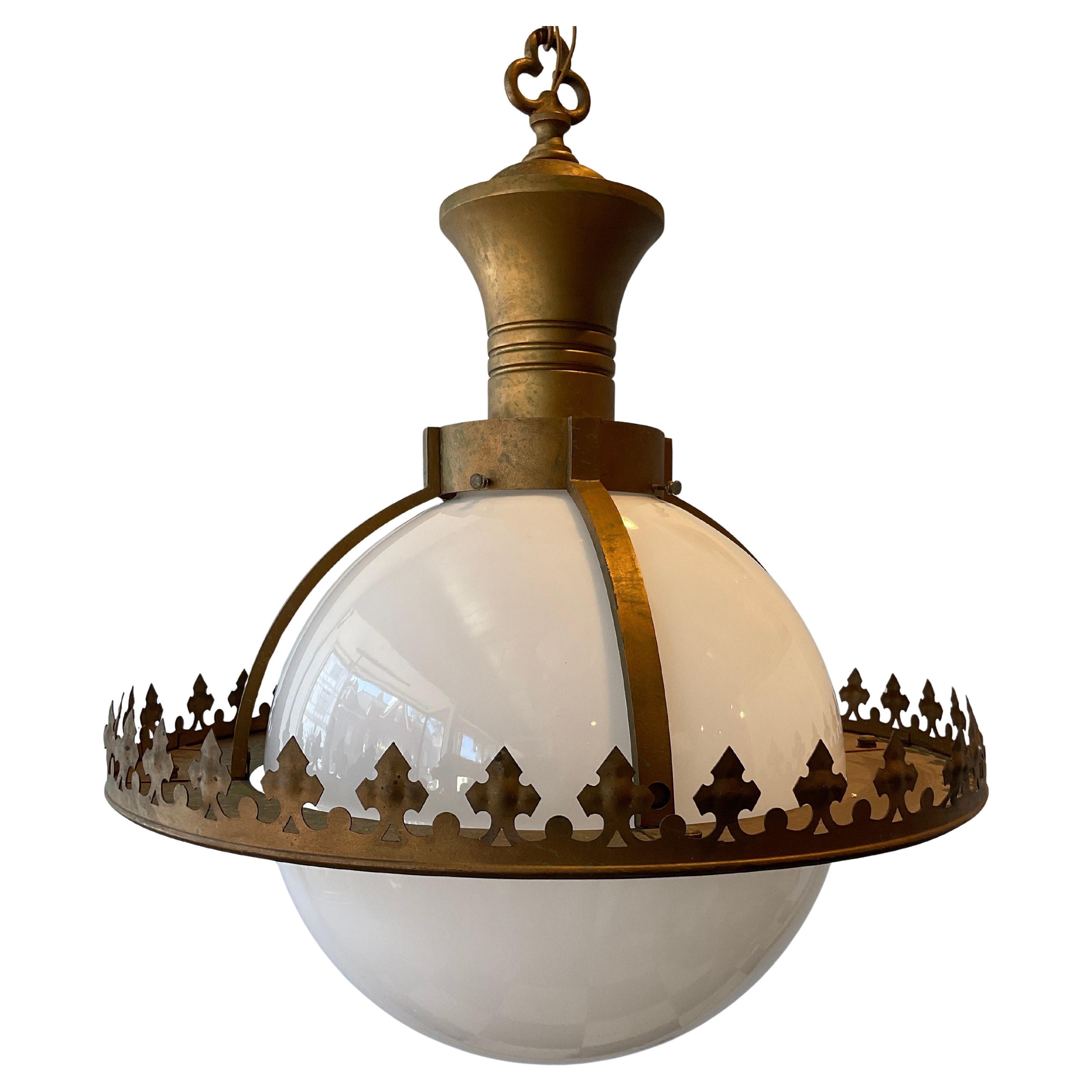 1930s Gothic White Glass Globe Iron Framed Chandelier For Sale