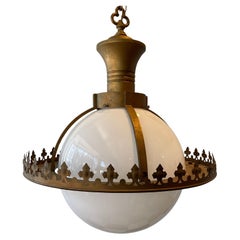 Vintage 1930s Gothic White Glass Globe Iron Framed Chandelier