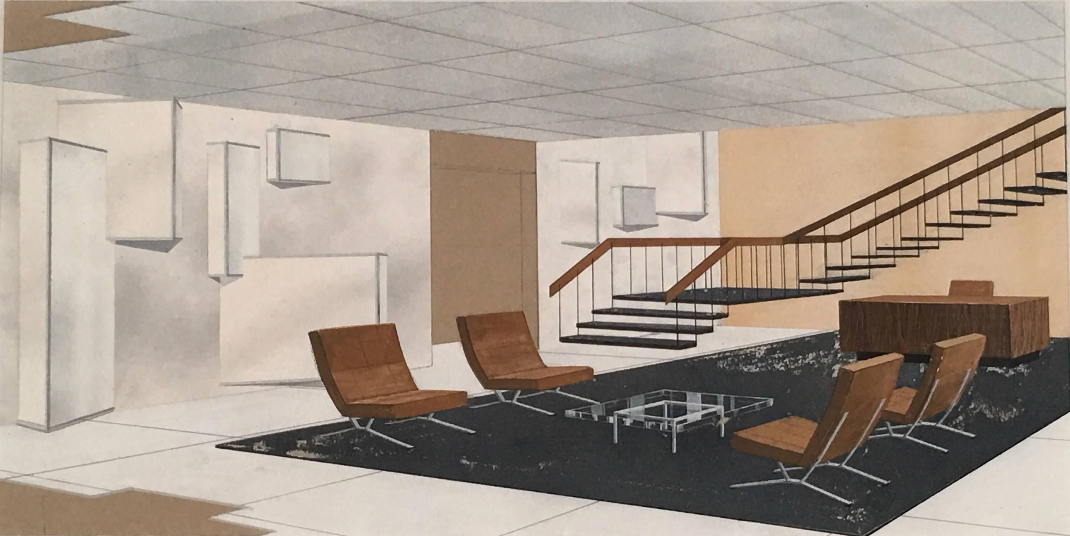 An original gouache drawing of a stylish modernist interior, circa 1930s, featuring a set of four Bauhaus style chairs with an elegant floating staircase behind and architectural lights or windows on the left side of the room. Archivally matted and