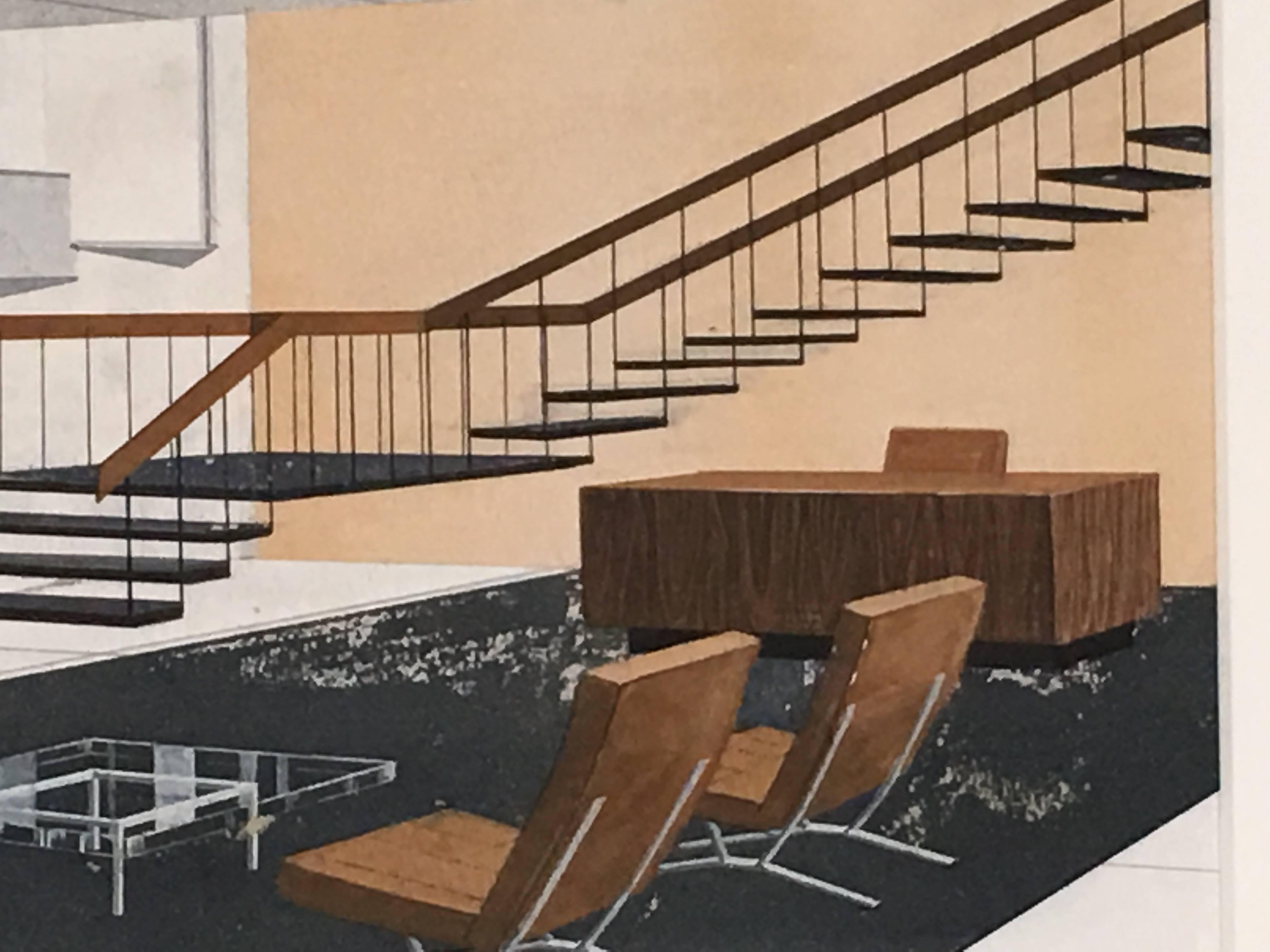 1930s Gouache Drawing of a Modernist Interior In Good Condition In Essex, MA