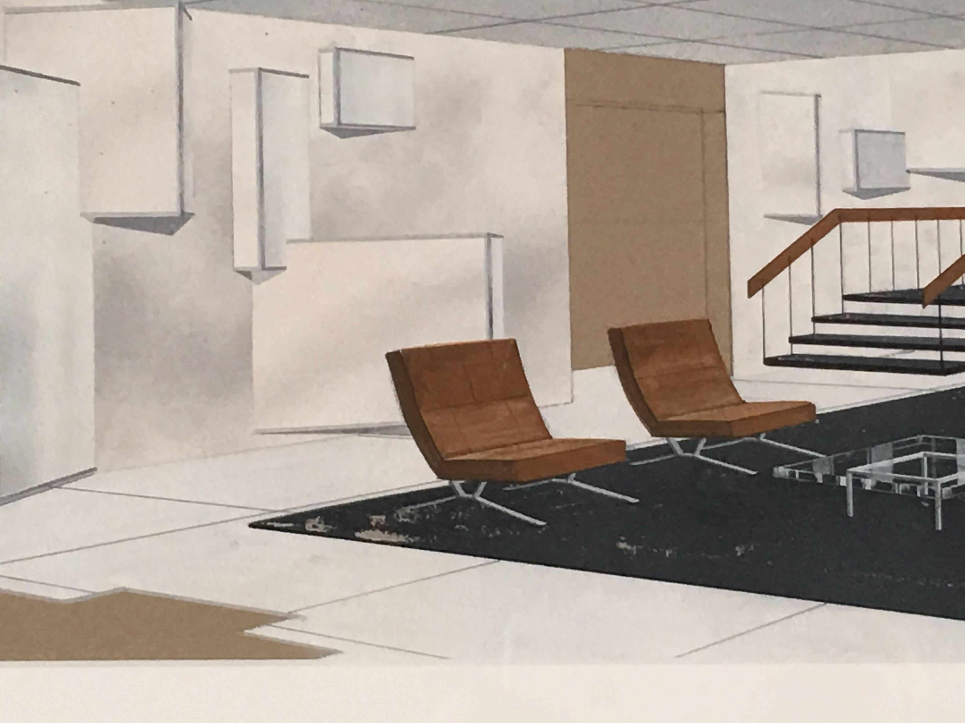 Mid-20th Century 1930s Gouache Drawing of a Modernist Interior