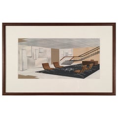 1930s Gouache Drawing of a Modernist Interior