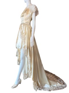 1930s Grecian Recouture Bridal Gown in Antique Silk Satin with Convertible Lace