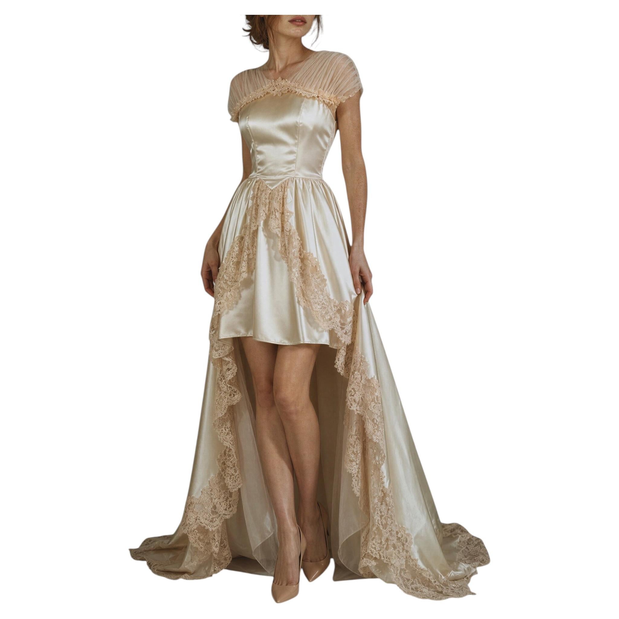 1930s Grecian Recouture Bridal Gown in Antique Silk Satin with Convertible Lace