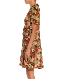 1930S Green & Brown Silk Flower Printed Dress