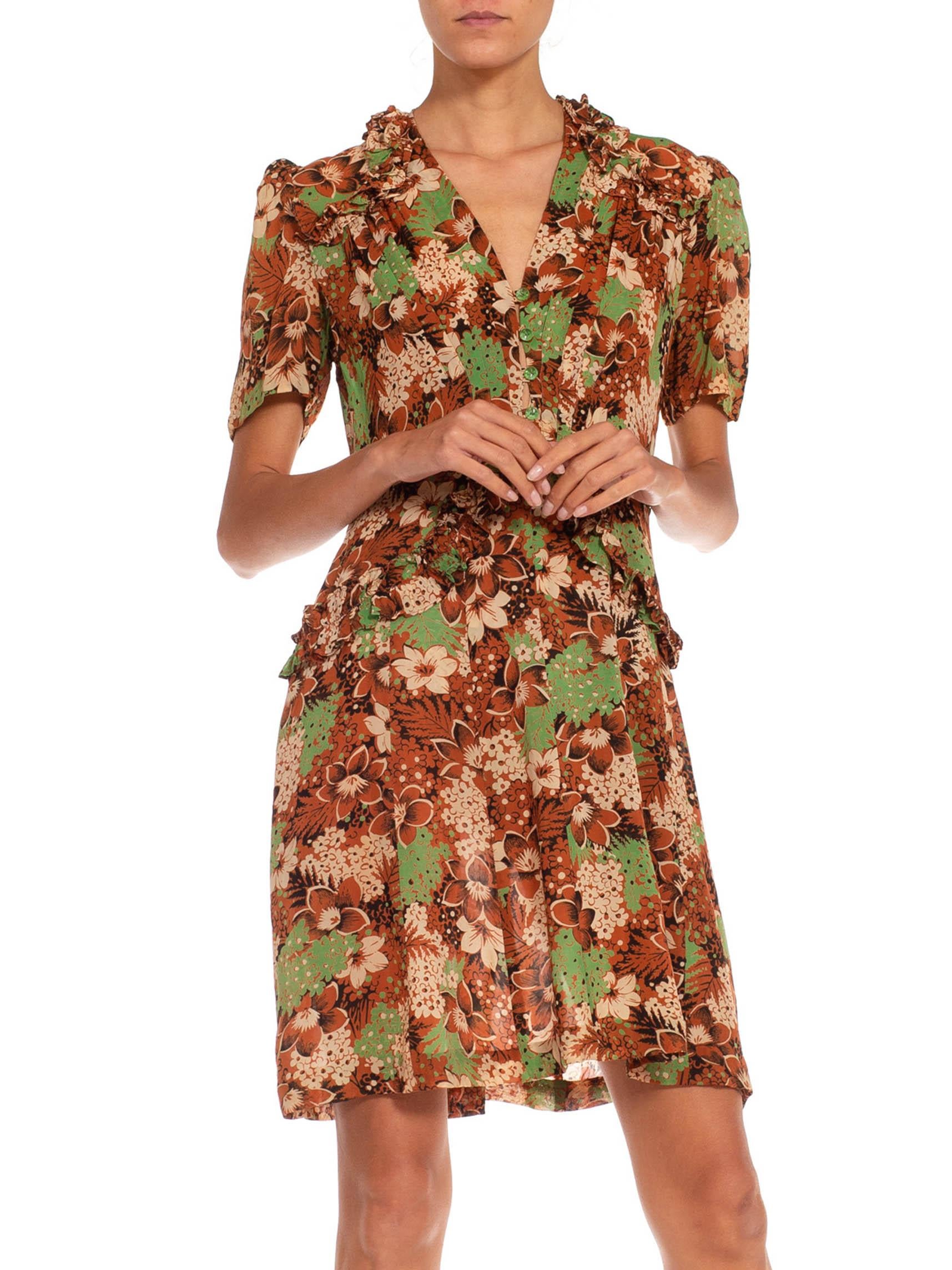1930S Green & Brown Silk Flower Printed Dress In Excellent Condition For Sale In New York, NY