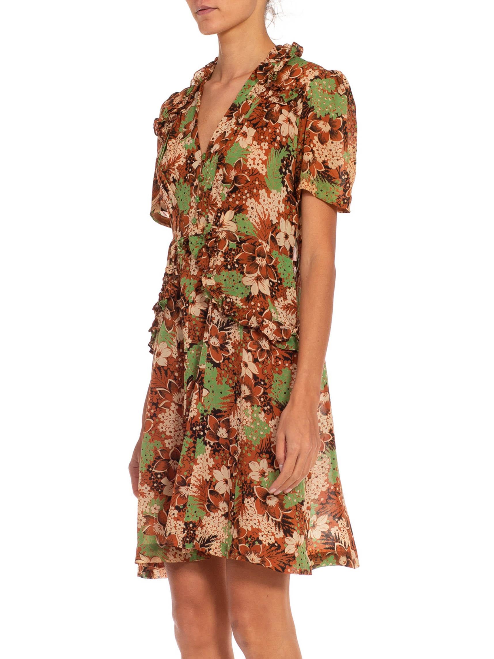 Women's 1930S Green & Brown Silk Flower Printed Dress For Sale