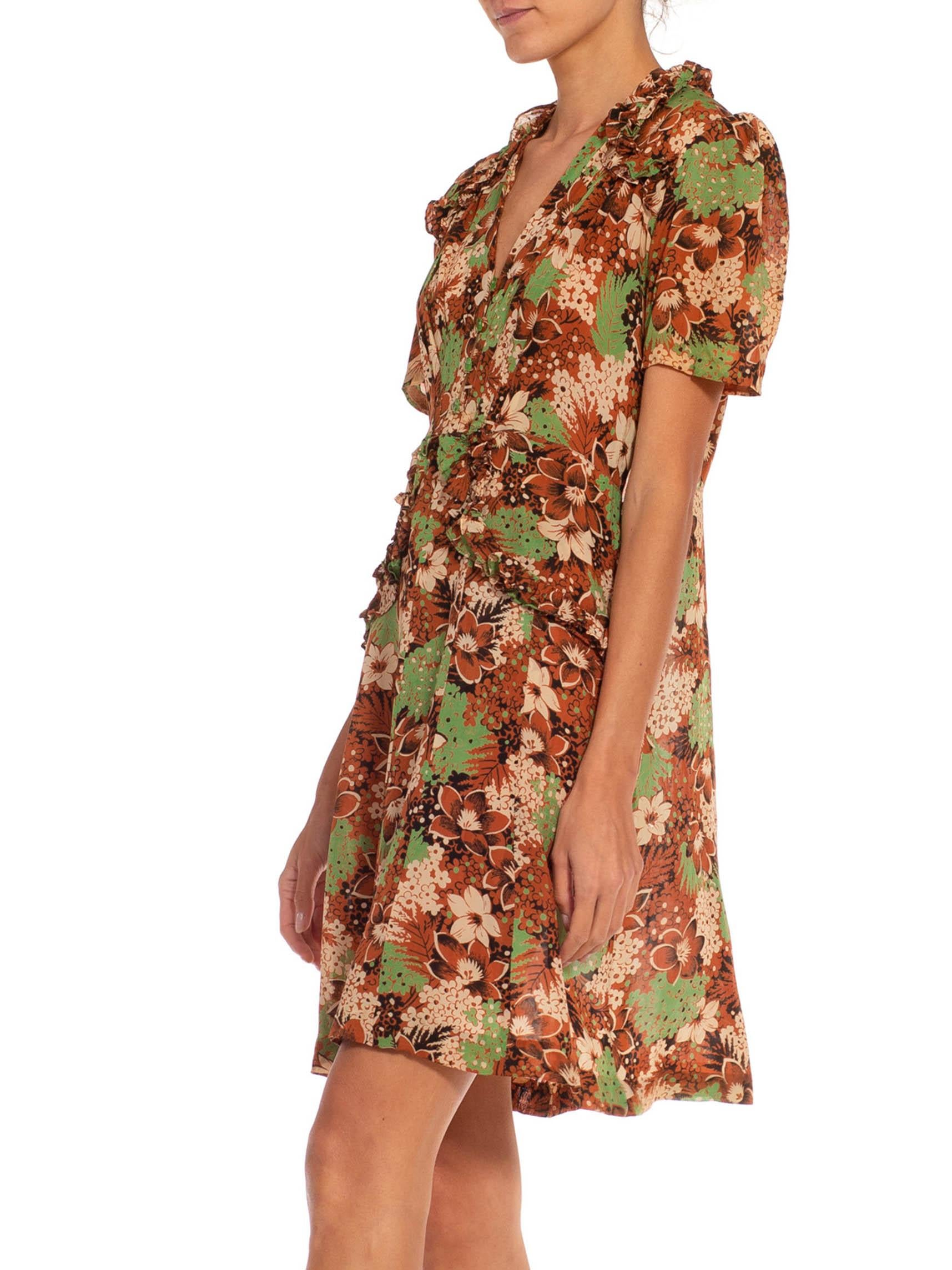 1930S Green & Brown Silk Flower Printed Dress For Sale 2
