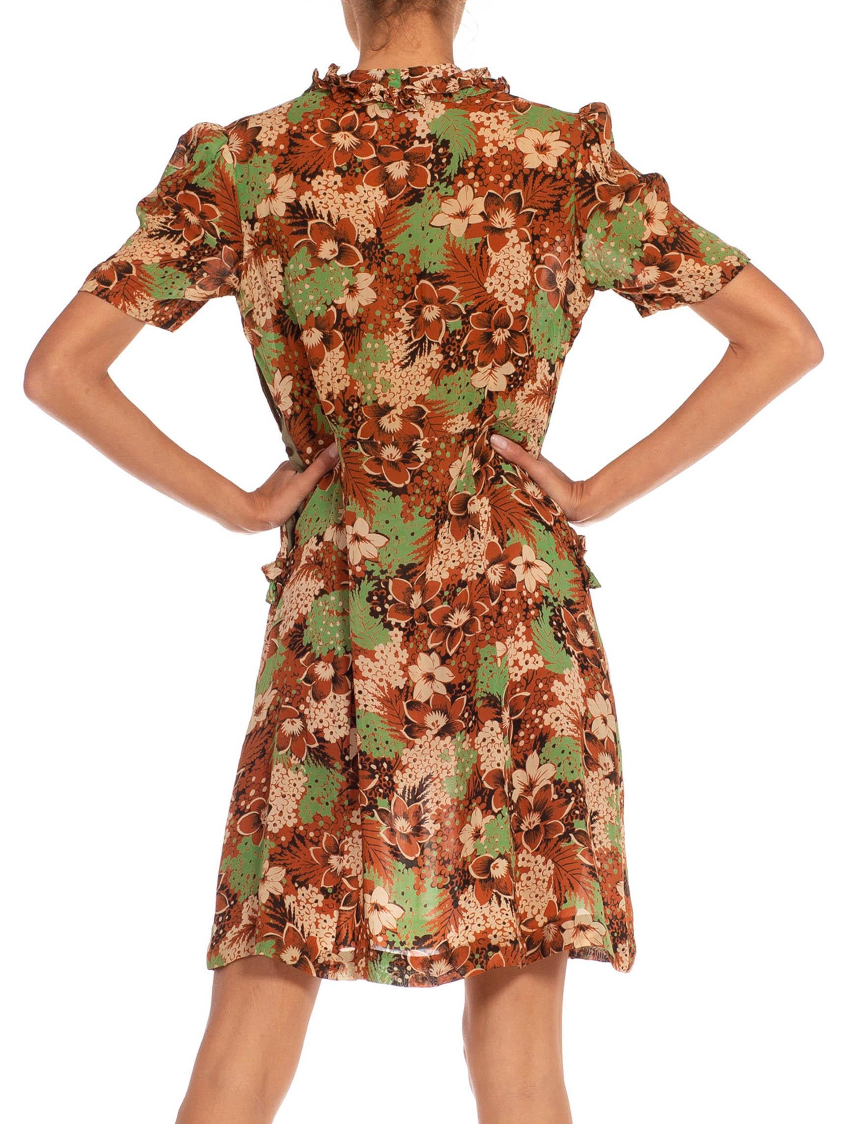 1930S Green & Brown Silk Flower Printed Dress For Sale 3