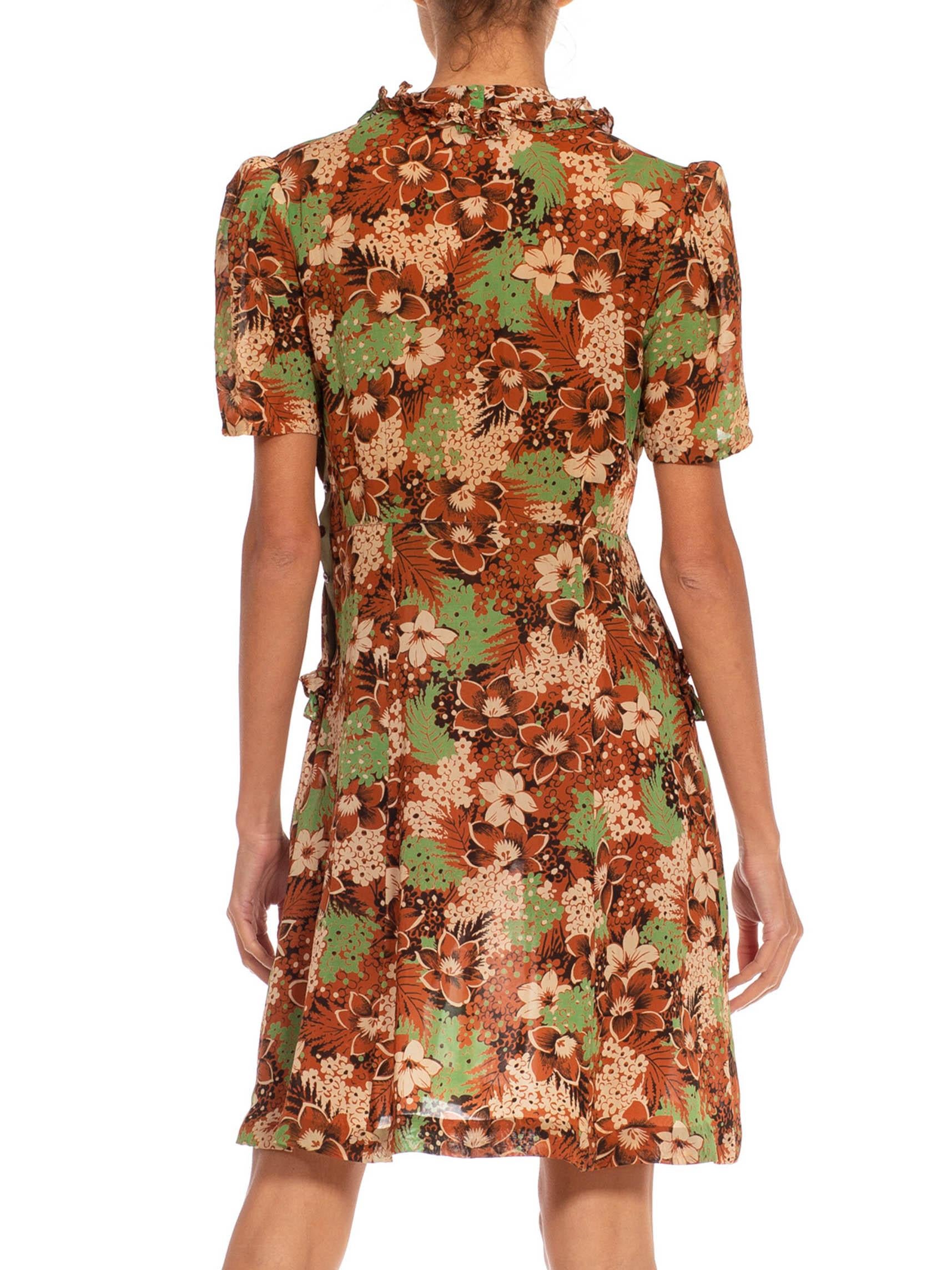 1930S Green & Brown Silk Flower Printed Dress For Sale 4