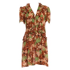 Grünes & braunes bedrucktes Seidenkleid aus den 1930er Jahren mit Blumenmuster