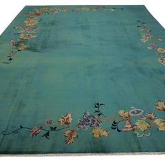 1930s Green Ground with Flowers Antique Chinese Art Deco Rug 9' x 11'10" Carpet