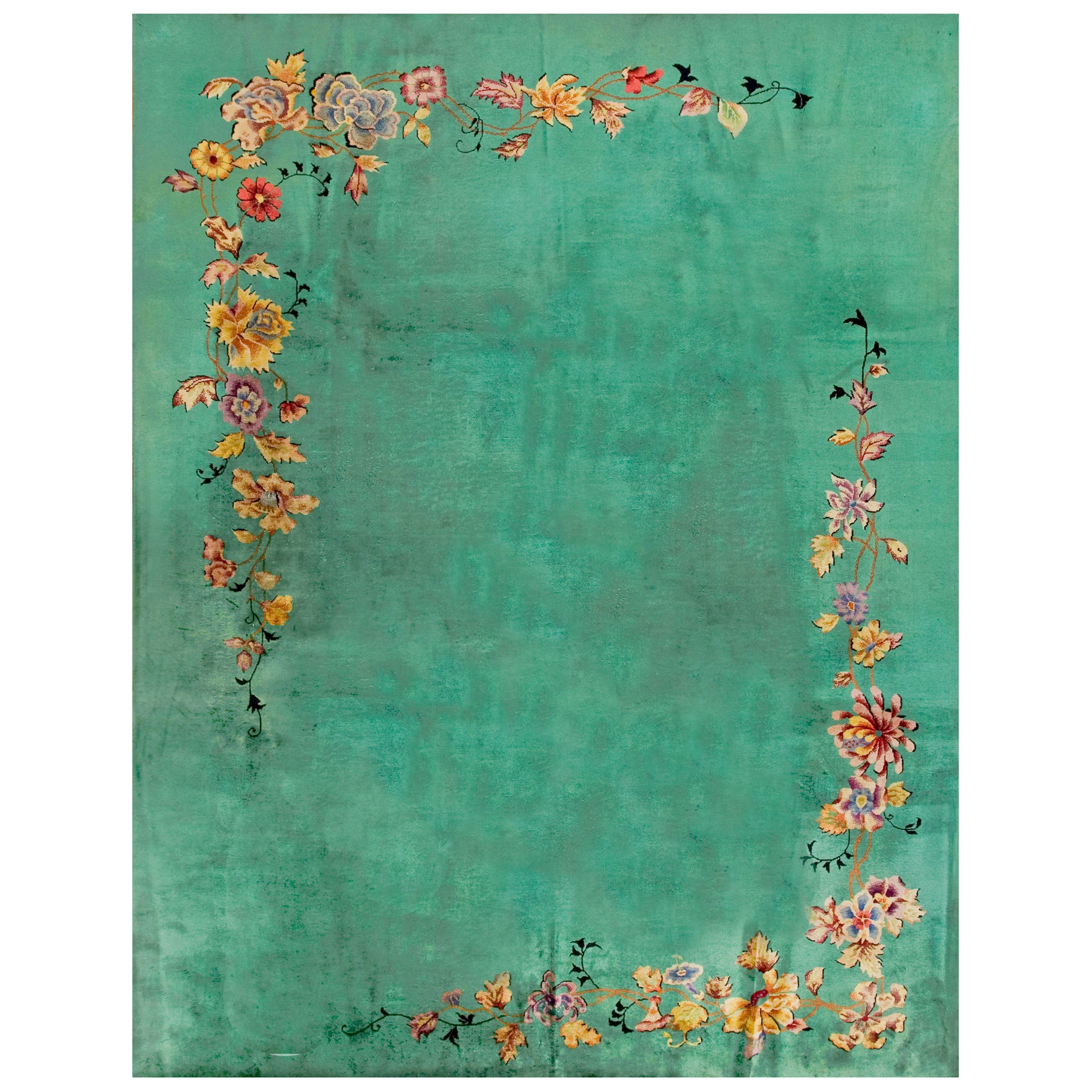1930s Green Ground with Flowers Antique Chinese Art Deco Rug 9
 x 11
10" Carpet For Sale