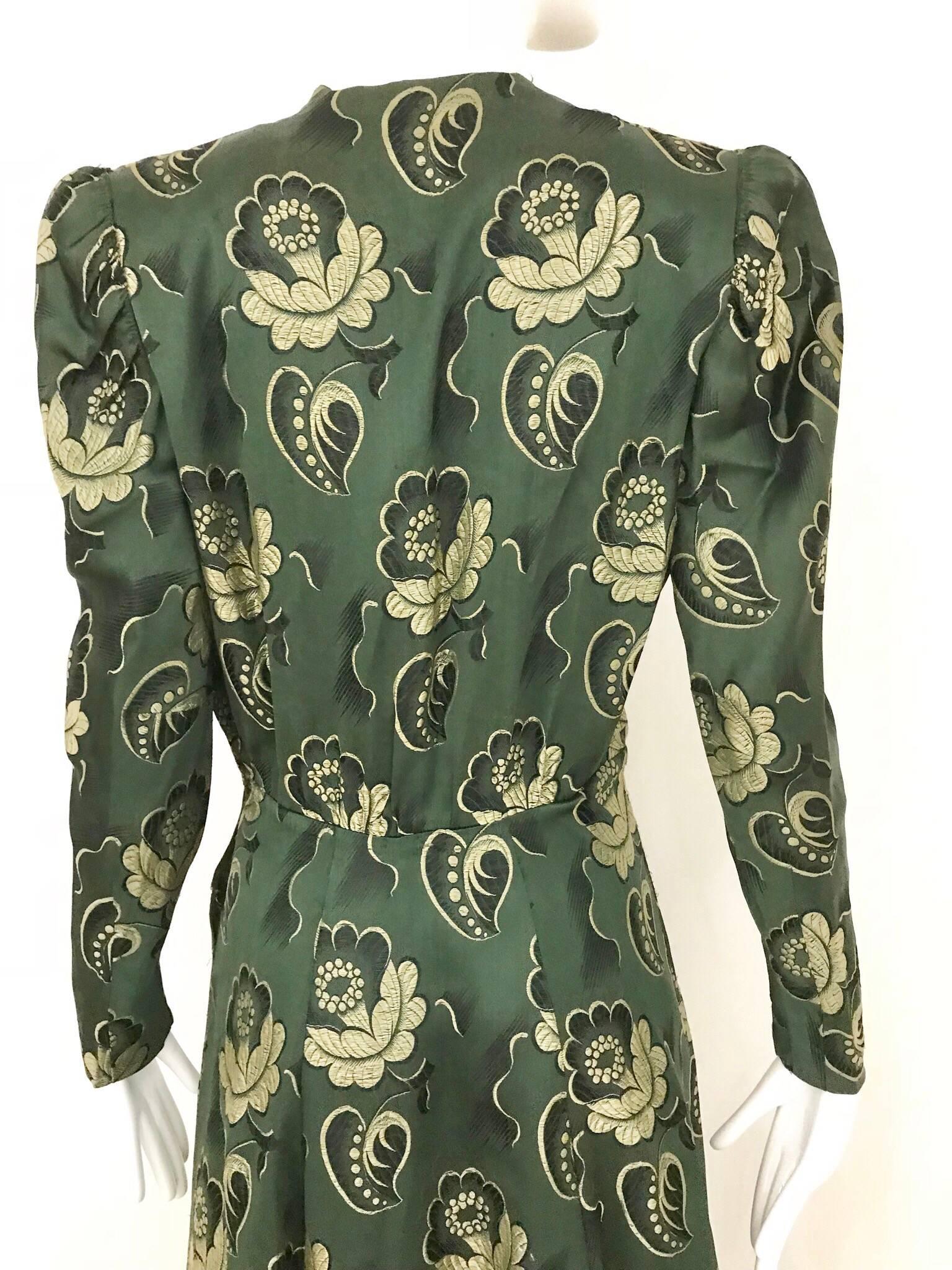 Green Jacquard Floral Print Dress, 1930s 2