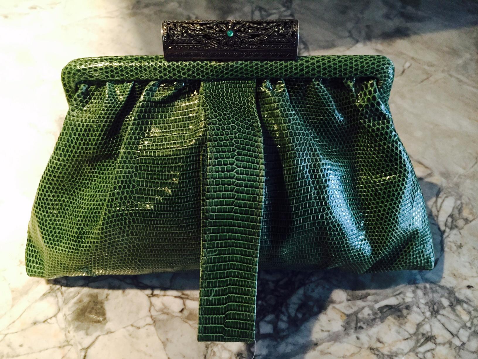1930's Green Lizard Evening Bag Silver, Marcasite and Chrysoprase Clasp As New In Excellent Condition In New Hope, PA