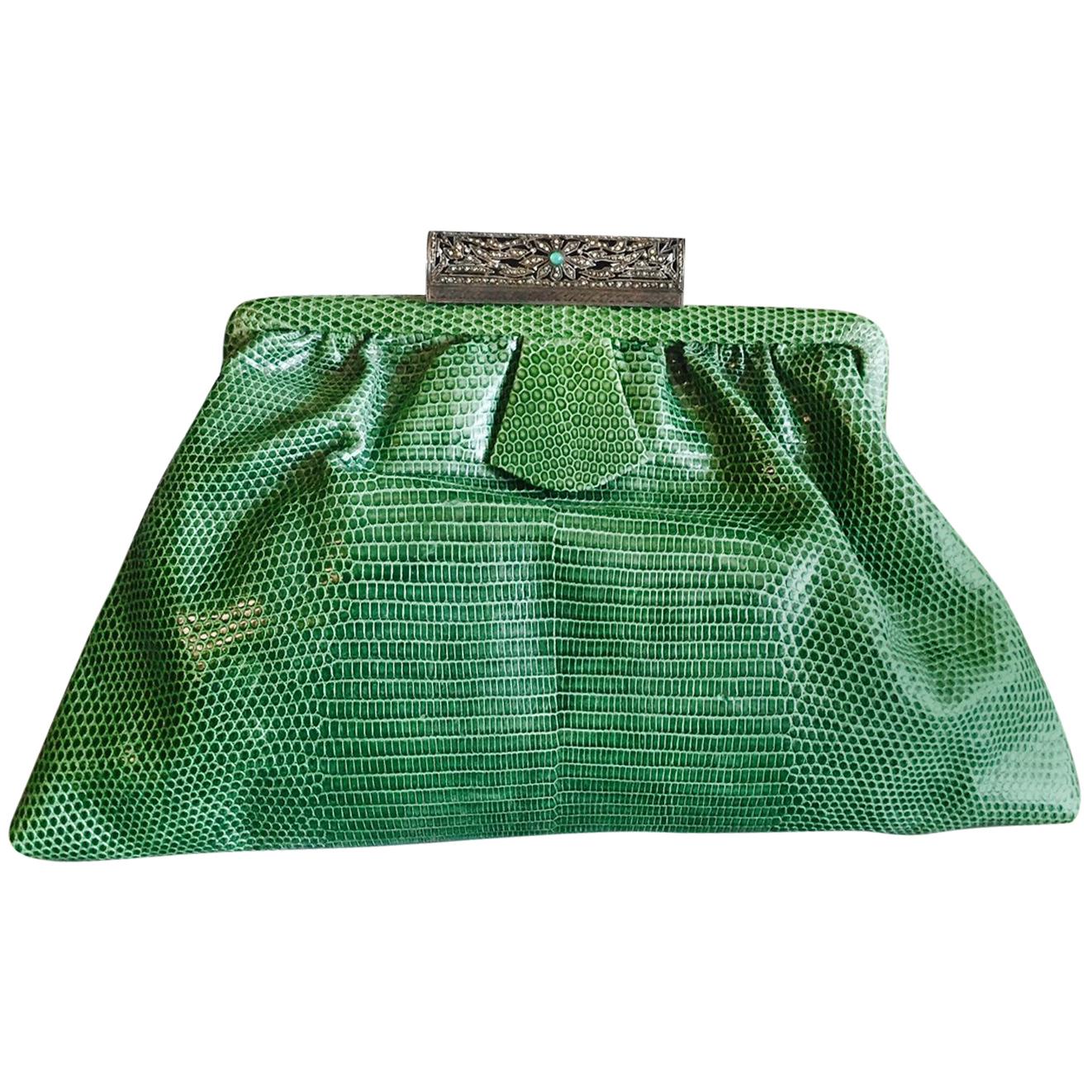 1930's Green Lizard Evening Bag Silver, Marcasite and Chrysoprase Clasp As New
