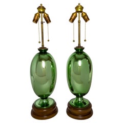 1930s Green Mercury Glass Oviform Lamps on Wood Bases 'Pair'