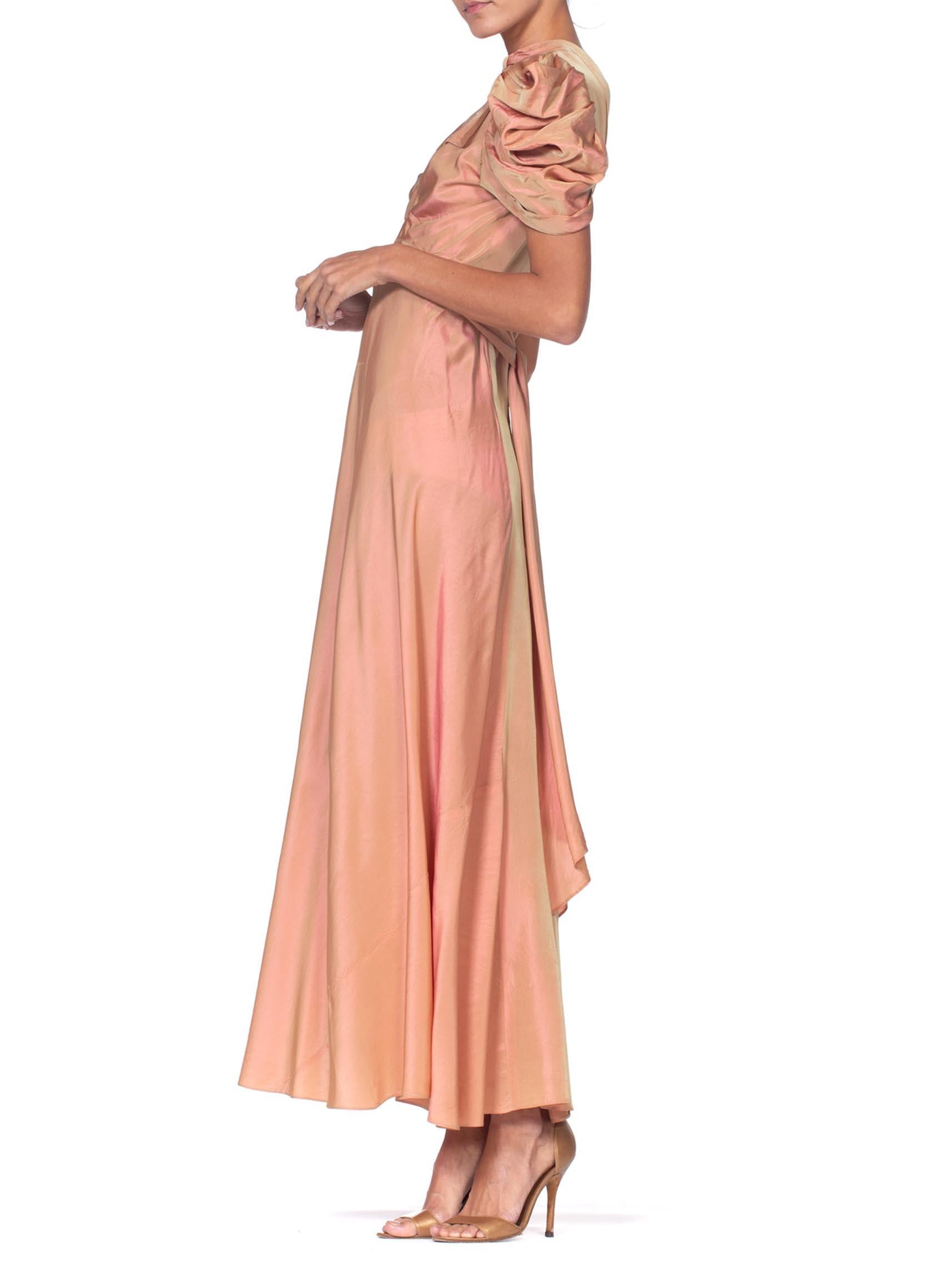 Orange 1930's Green + Pink Taffeta Bias Cut Puff Sleeve Gown 