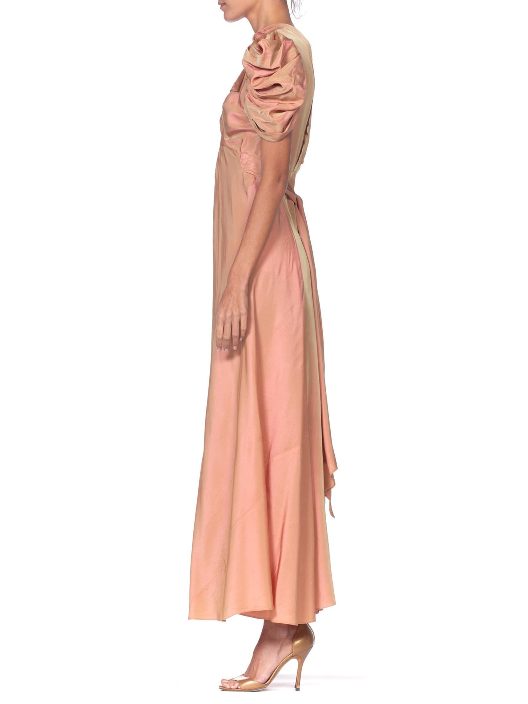 1930's Green + Pink Taffeta Bias Cut Puff Sleeve Gown  In Excellent Condition In New York, NY
