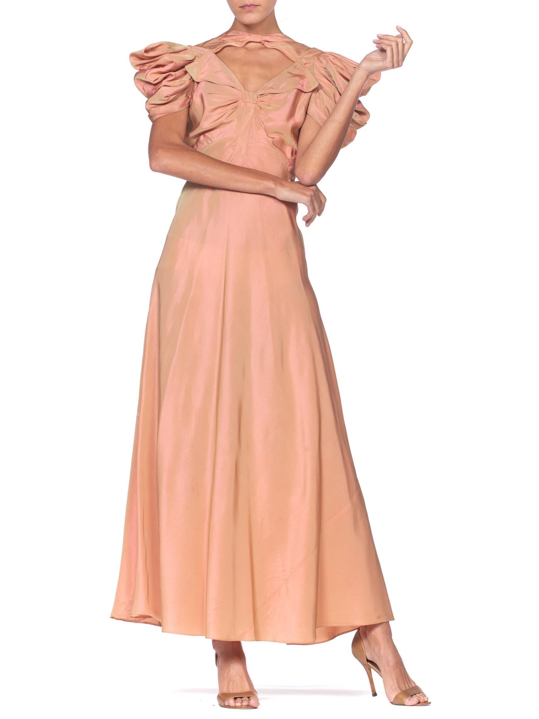 1930's Green + Pink Taffeta Bias Cut Puff Sleeve Gown  2