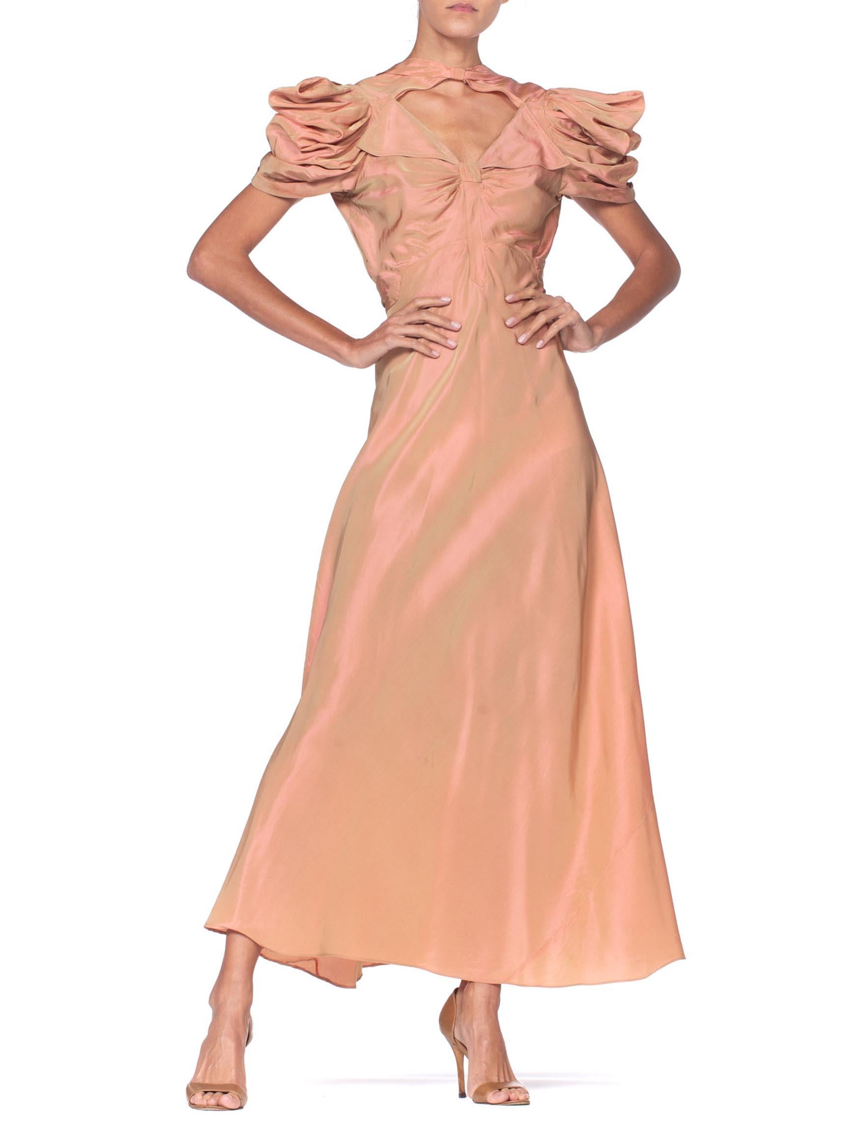 1930's Green + Pink Taffeta Bias Cut Puff Sleeve Gown  3