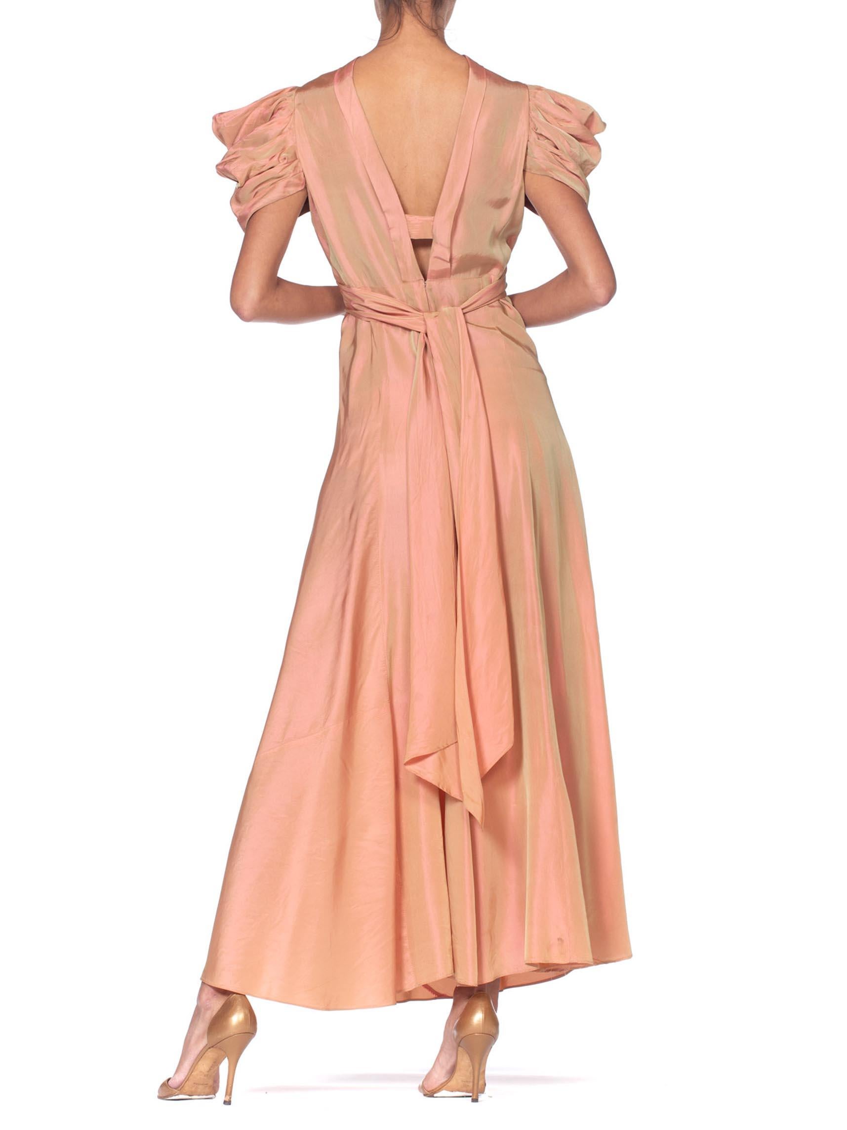 1930's Green + Pink Taffeta Bias Cut Puff Sleeve Gown  4