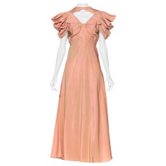 1930's Green + Pink Taffeta Bias Cut Puff Sleeve Gown