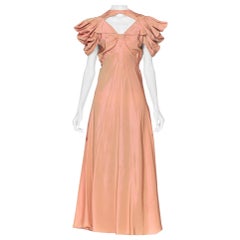 1930's Green + Pink Taffeta Bias Cut Puff Sleeve Gown 