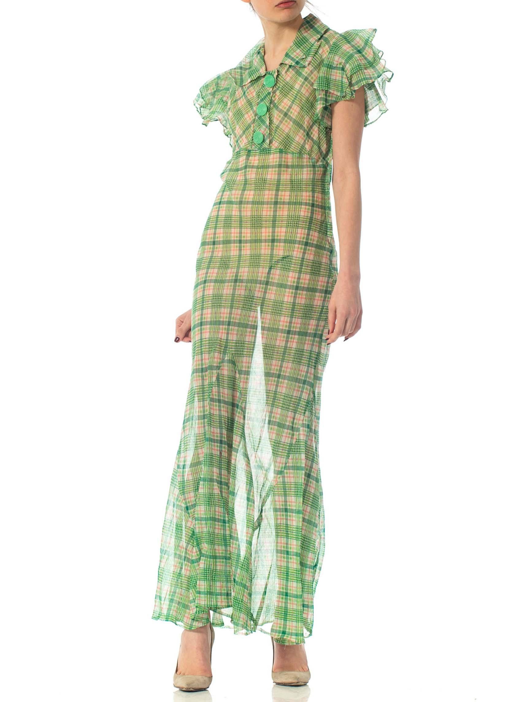 1930S Green Bias Cut Cotton Organdy Plaid Dress With Ruffle Cap Sleeves & Deco  4